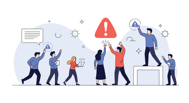 Diverse group of people reacts to various warning icons and emergency notification symbols during a critical situation.
