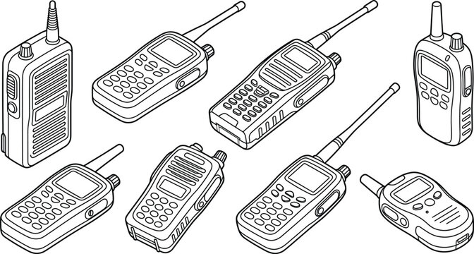 Portable Walkie Talkie Communication Device Collection with Handheld Two Way Radios in Multiple Angles and Outline Vector Style
