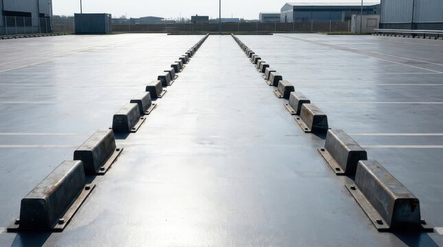 Rows of dark grey metallic parking stops on a vast concrete surface, highlighting industrial design and order