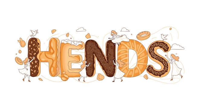 Little people work together to build and decorate the word hends using large letters made from different types of cookies.