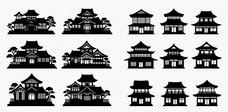 Traditional Japanese House and Temple Silhouettes Vector Collection.