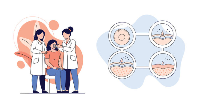 Two female doctors perform a medical skin examination on a patient while referencing diagrams of human skin layers.