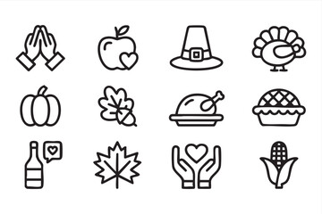 Thanksgiving Harvest Line Art Icons with Turkey Pumpkin Apple Pie and Prayer Hands © Icon Nest
