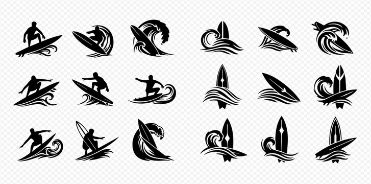 Set of black and white surfing silhouettes with surfers riding waves and surfboards in water.