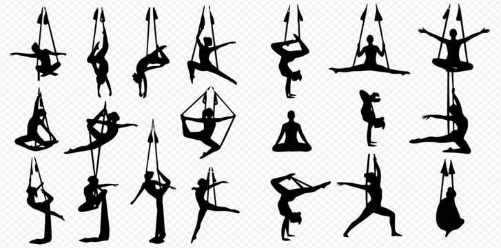 Collection of aerial yoga and traditional yoga poses silhouettes for fitness and wellness.
