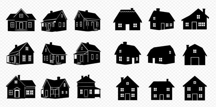 Set of various house silhouettes, depicting different architectural styles and residential buildings.