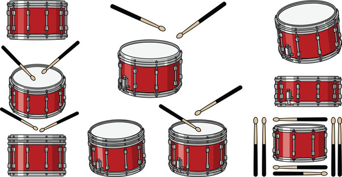 Red Snare Drum Instrument Set with Drumsticks, Percussion Music Equipment, and Outline Vector Illustrations for Performance Designs
