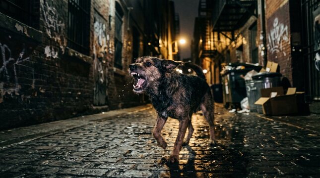 Aggressive Street Dog Barking with Bared Teeth in Dark Urban Alleyway at Night