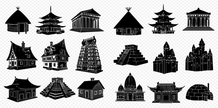 Collection of various architectural styles and iconic buildings from around the world, presented as silhouettes.