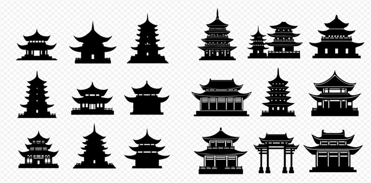 Set of traditional Asian temples, pagodas, and gates silhouettes, vector illustration.