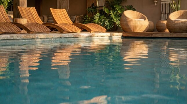 Sunlit Luxury Poolside with Wooden Loungers and Wicker Chair, Inviting Relaxation and Summer Enjoyment