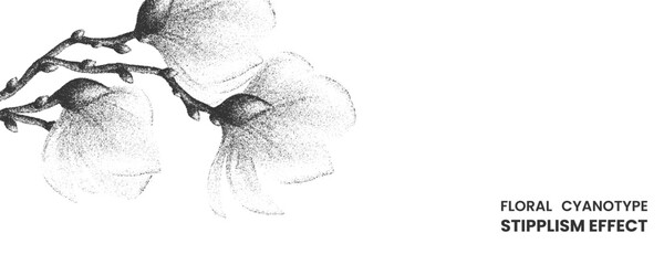 Floral stippling illustration of magnolia flowers branch isolated on white background stipple dots photocopy effect abstract retro y2k geometric elements © MDMahmudul