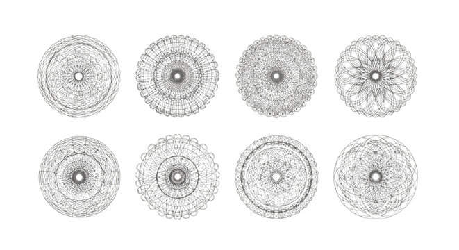 Collection of eight unique and complex mandala designs featuring intricate geometric patterns on a white background.