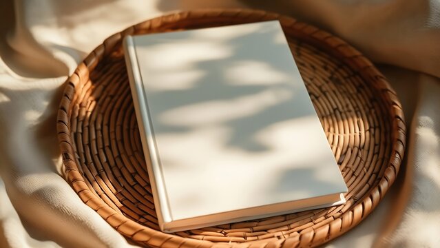 Blank white book resting on a woven wicker tray with dappled sunlight shadows on its cover, set against a soft, draped fabric background