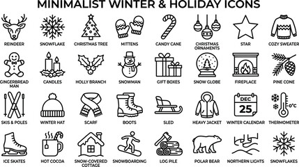 Naklejka premium Comprehensive minimalist black line winter and holiday icon set featuring seasonal symbols and cold weather outdoor activities