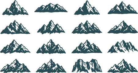 Dark blue mountain range silhouettes and snow capped peak icons for outdoor adventure and wilderness exploration themes © Imran