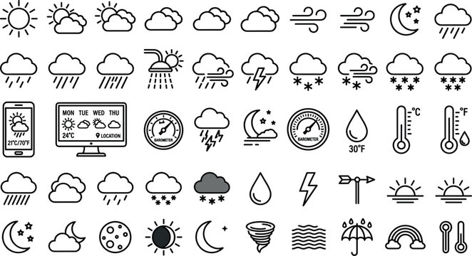 Comprehensive minimalist black line weather icon set for professional forecast applications and meteorology report designs