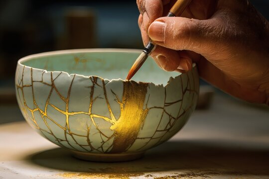 Extreme Close-up of Artisan Hand Repairing Broken Celadon Bowl with 24k Gold Kintsugi Technique.