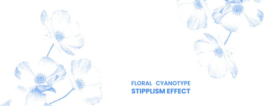 Floral cyanotype stipplism effect with delicate blue flower illustrations isolated on white background stipple dots photocopy effect abstract retro y2k geometric elements