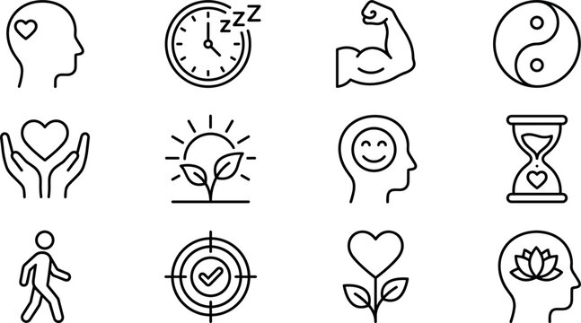 Minimalist black line icon set for mental health wellness self care and emotional balance themes