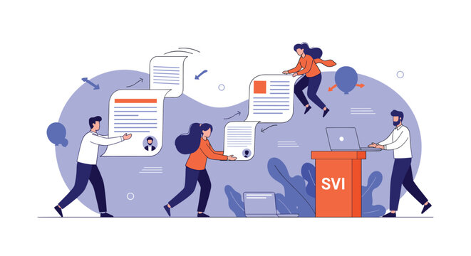 Business team moving documents and files around an office podium marked with the letters SVI in a blue workspace.