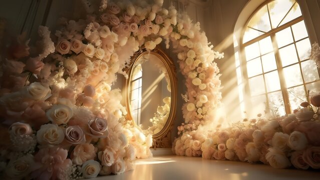 Opulent oval mirror surrounded by lush pink and cream roses, bathed in golden sunlight streaming through arched windows