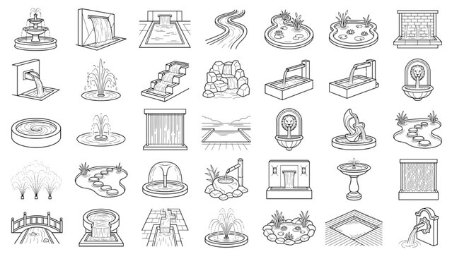 Garden Fountain Collection: A comprehensive collection of garden fountain designs, each rendered in detailed line art. CAD Blocks Architectural Icon Sheet Vector