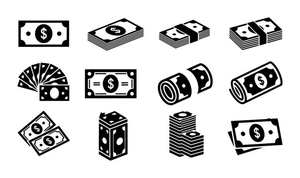 Money Icons Set, Dollar Bills Vector Graphics, Financial Symbols Collection, Business and Economy Flat Illustrations