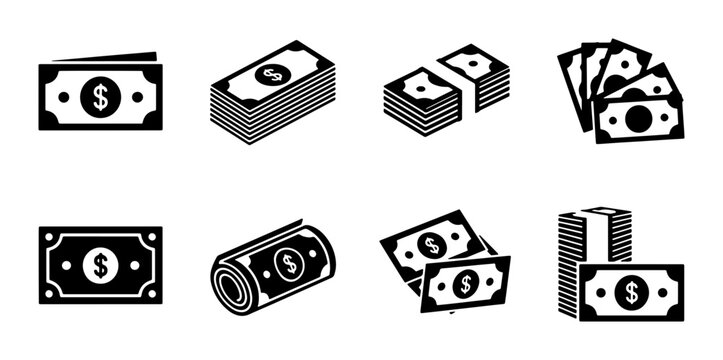 Money Icons Set: Dollar Bills, Cash Stacks, Rolled Currency, Financial Graphics for Business and Finance Concepts