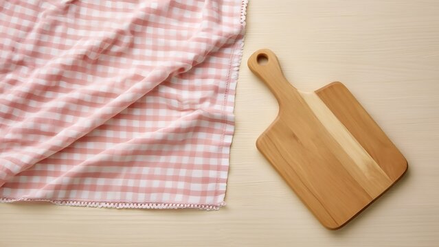 Overhead view of a pink and white checkered cloth draped beside a wooden cutting board on a light beige surface