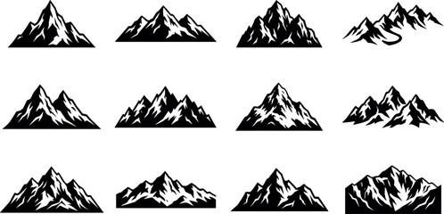 Minimalist black mountain peaks and range silhouettes for outdoor adventure travel and nature landscape design themes © Imran