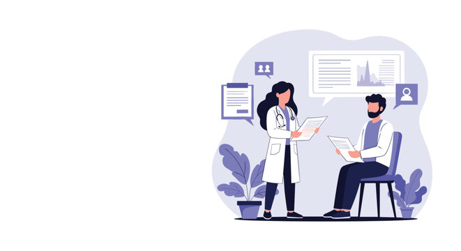 Female doctor in a white lab coat talking to a male patient and discussing medical reports in a clinic office.