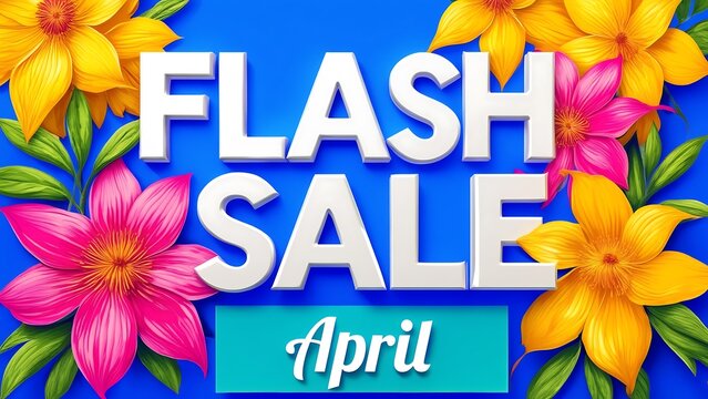 Vibrant floral flash sale announcement for april with bold white text on blue background, flowers