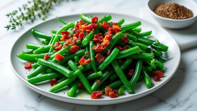 Vibrant green beans topped with crispy bacon bits and a sprig of thyme on a white plate
