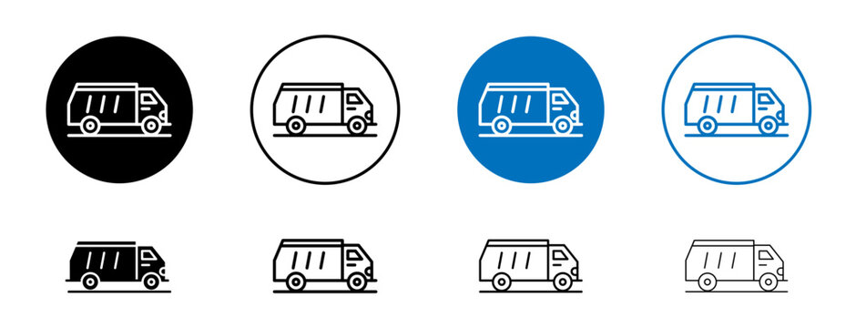 Garbage truck icons set in black and blue colors on white background