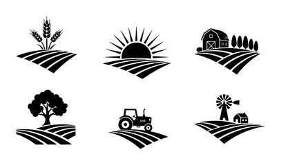 Farm Landscape Icons Set, Rural Agriculture Vector Graphics, Countryside Scenes with Barns, Tractors, and Windmills for Organic Food Branding © Rifat