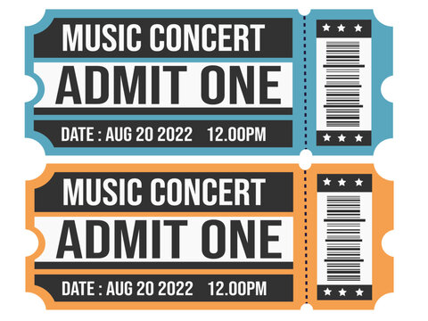 Music concert tickets, event admission passes, colorful ticket stub vector design