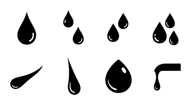 Black Water Droplet Icons Set, Liquid Splashes and Tears Vector Graphics, Fluid Shapes Collection for Design