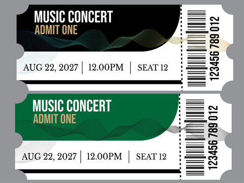 Music concert tickets, event admit one stubs, green and black music tiket design