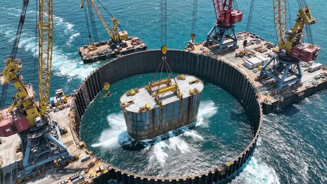 Ultra detailed top down cinematic video of offshore engineering construction Cofferdam creates enclosed dry zone for foundation work followed by controlled caisson sinking into seabed Smooth camera mo