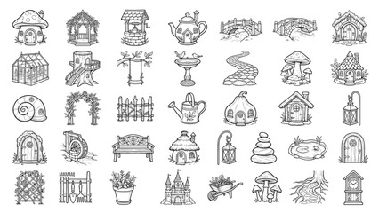 Obraz premium Whimsical Garden Illustration Collection: A meticulously curated array of charming garden elements, rendered in intricate line art. CAD Blocks Architectural Icon Sheet Vector