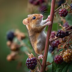 Fototapeta premium Adorable Mouse Climbing Blackberry Bush Close-Up
