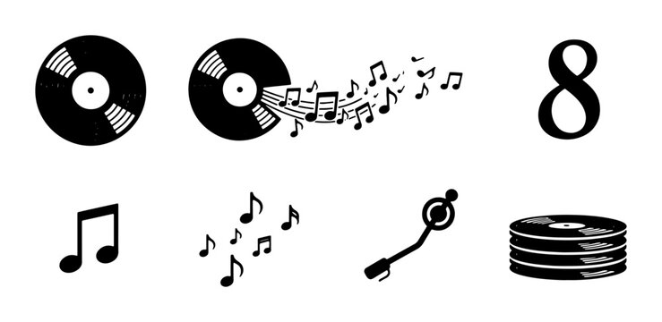 Retro Vinyl Records, Music Notes, and Turntable Elements: Vintage Audio Icons for Graphic Design