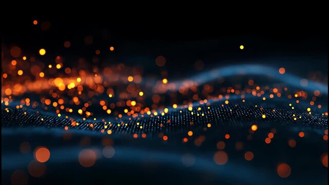 Abstract digital wave with floating glowing orange particles on a dark background