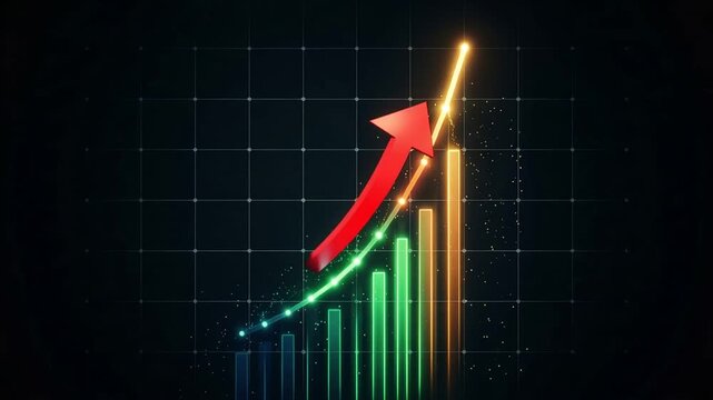 Upward business growth graph glowing on black background, rising financial trend lines, modern analytics concept, corporate success visualization, futuristic data display