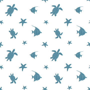 Seamless pattern with fish, turtles and starfish