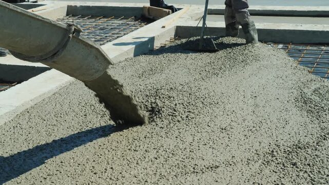 Cement mixer pouring liquid concrete on building construction site, builder spreading it with rake tool.