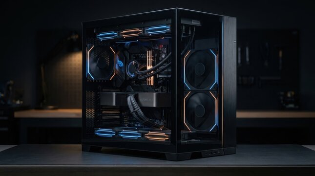 Custom built gaming PC chassis with advanced airflow and striking RGB lighting showcasing internal components