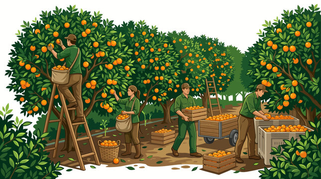 workers harvesting ripe oranges in a citrus grove illustration