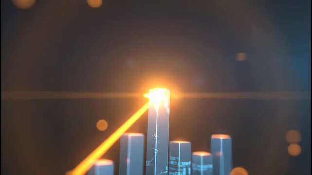 3D abstract chart with upward arrow and bokeh lights on dark background